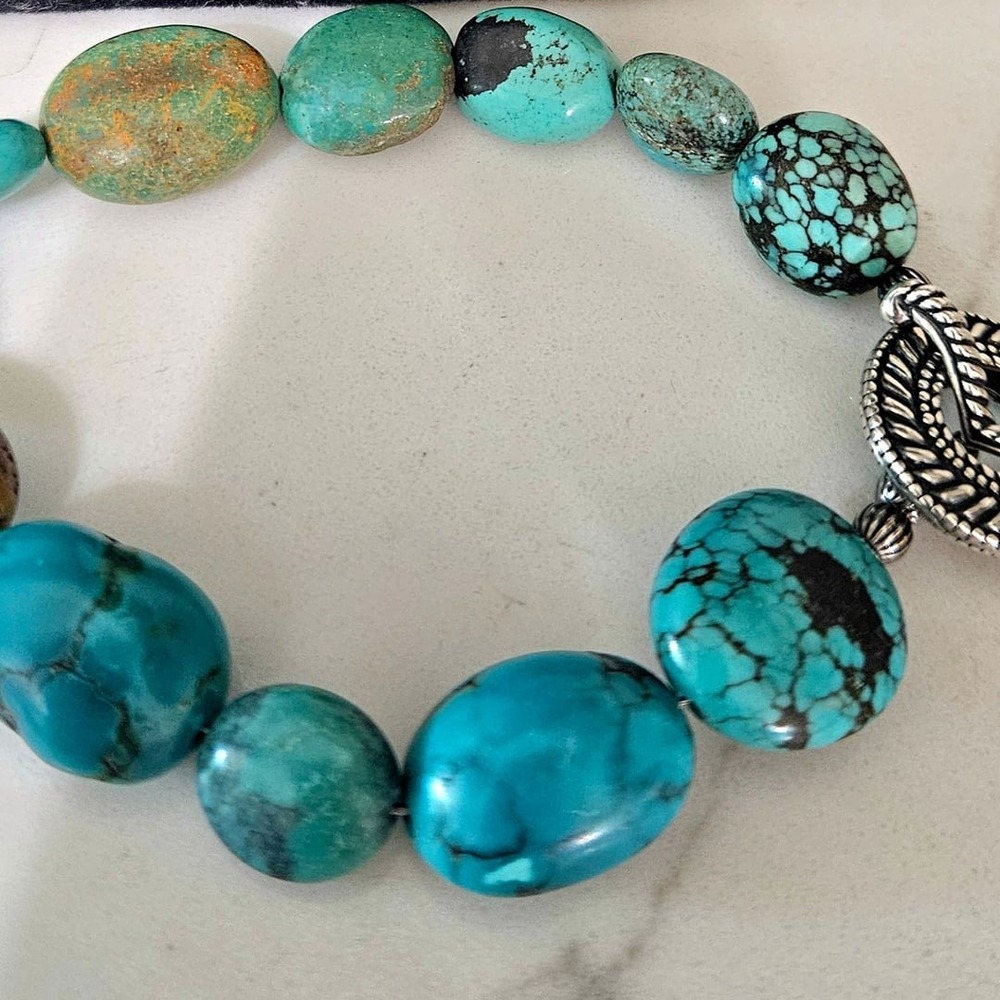Chunky Natural Turquoise Nugget Beaded Bracelet W/ Bali Style Toggle Clasp
